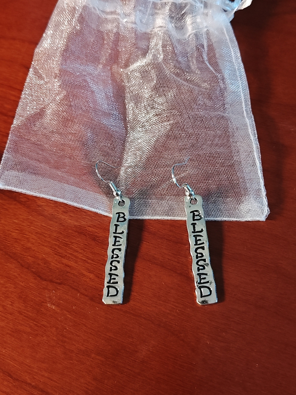 Silver 'Blessed' Bar Drop Earrings - Inspirational Women Jewelry